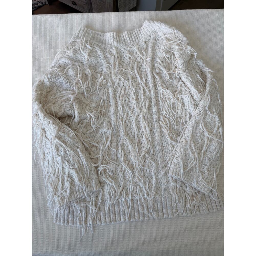 Anthropologie Shaggy Fringe Cable Knit V-Neck Metallic Sweater M - Picture 6 of 6